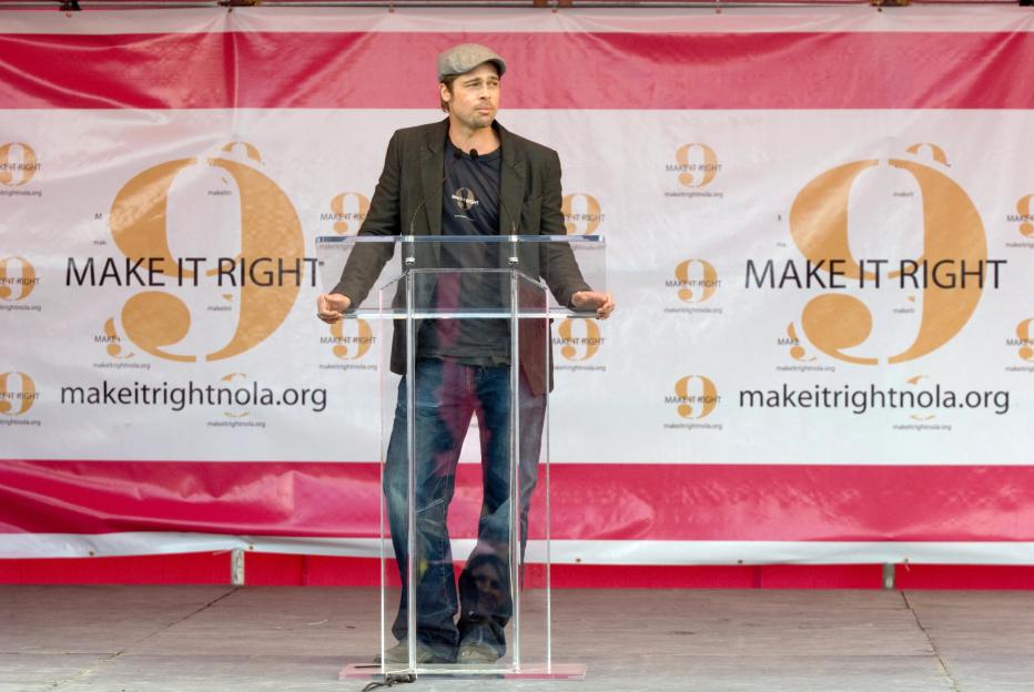 Brad Pitt speaking at a Make It Right press conference.