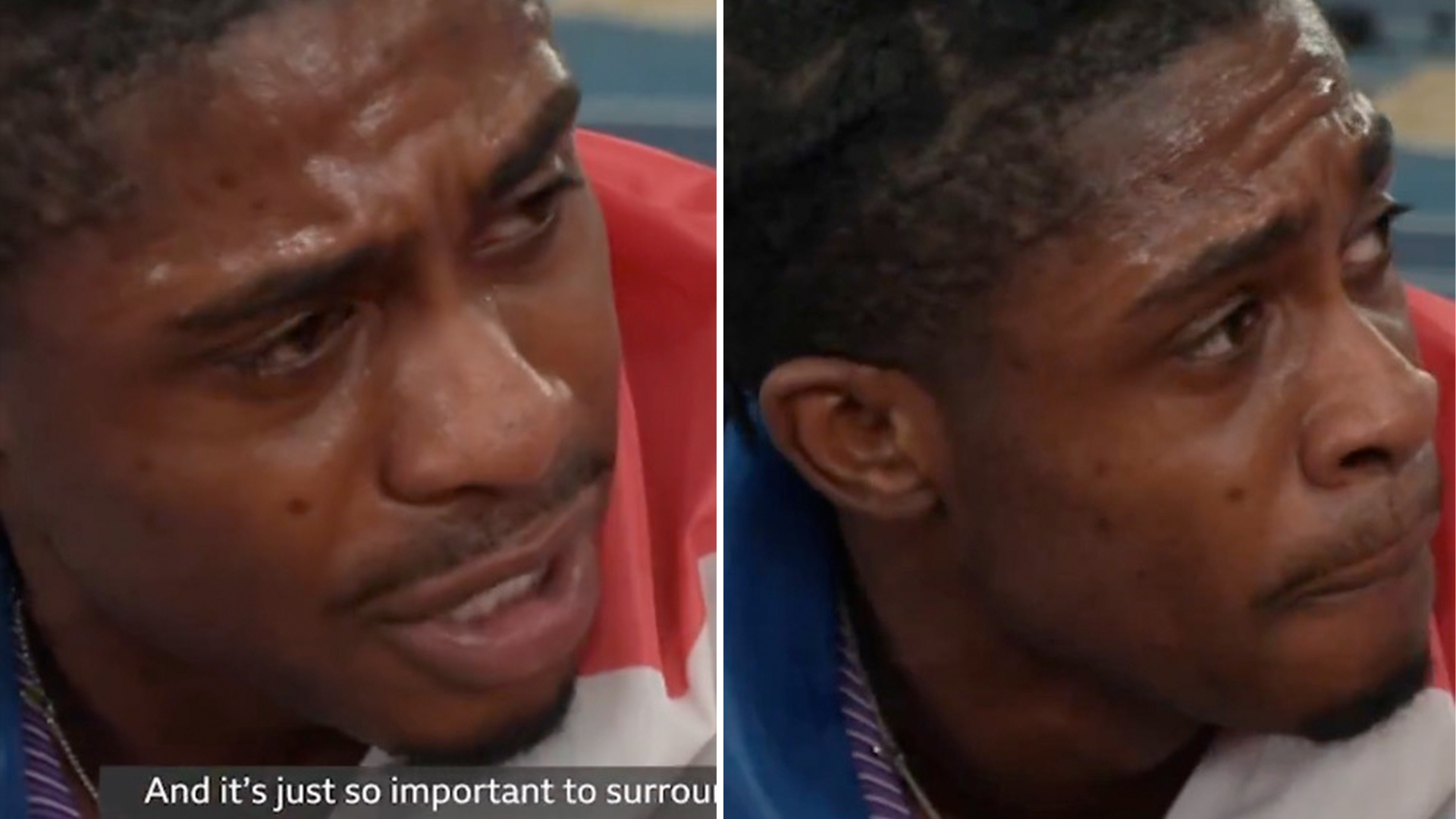 BBC reporter comforts British sprinter as he chokes back tears in live TV interview after winning gold