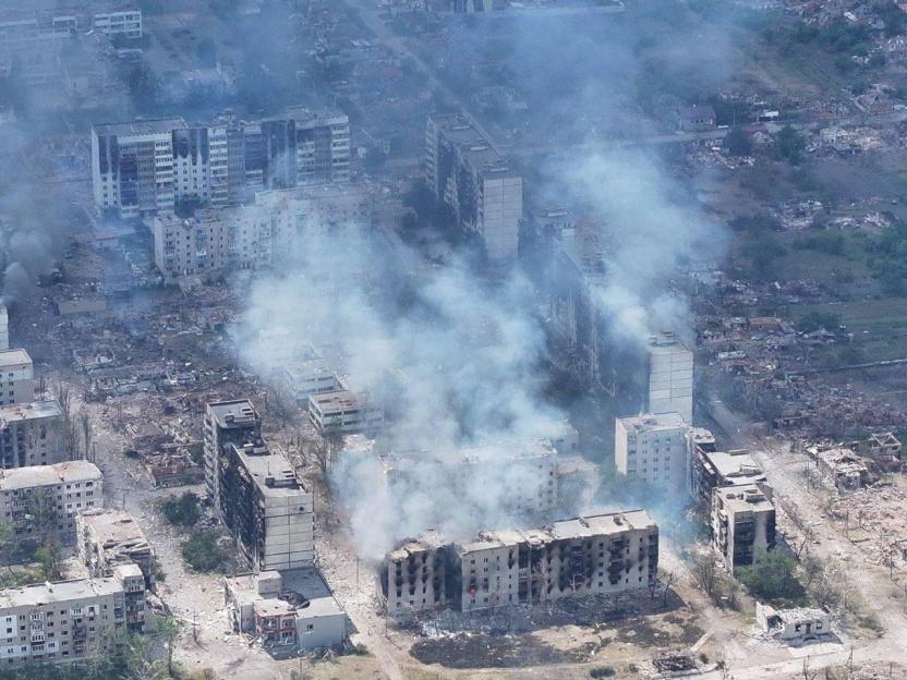 Aerial view of bomb-damaged buildings in Vovchansk, Ukraine.