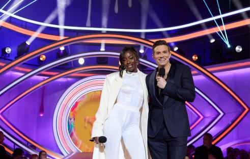 AJ Odudu and Will Best on the Celebrity Big Brother set.