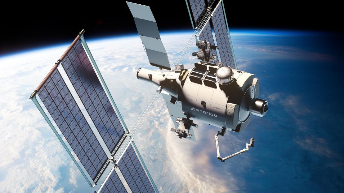 Illustration of the Starlab space station orbiting Earth.