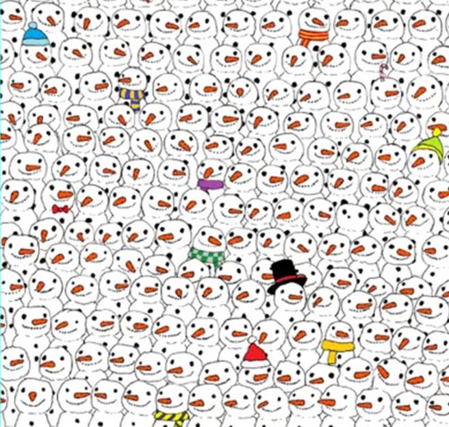 Optical illusion: Spot the panda among snowmen.