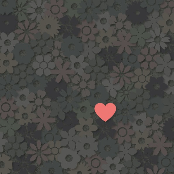 Illustration of a pink heart among gray flowers.