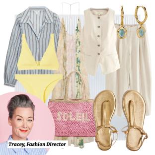Collage of women's summer fashion items and portrait of Tracey, Fashion Director.