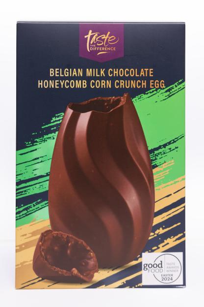 Box of Belgian milk chocolate honeycomb corn crunch Easter egg.