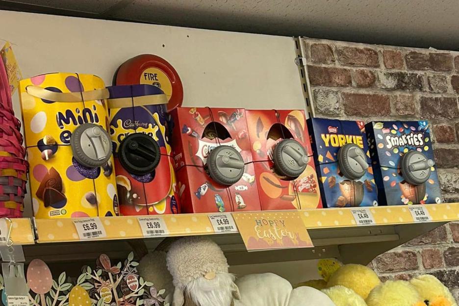 Easter eggs with security tags to prevent shoplifting.