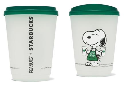 Illustration of two Starbucks cups; one features the Starbucks logo, the other features Snoopy in a Starbucks apron.