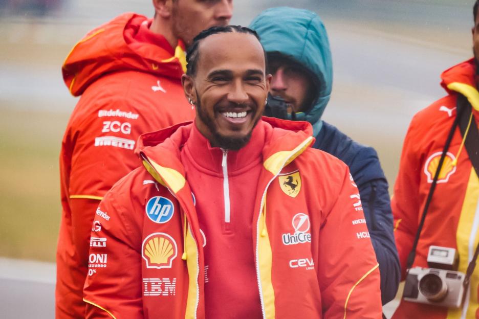 Lewis Hamilton drives on the track during the first day of tests as a Scuderia Ferrari F1 driver at the Fiorano Circuit in Maranello, Italy, on January 22, 2025 (Photo by Alessandro Bremec/NurPhoto via Getty Images).