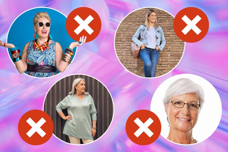 Collage of four women with red X marks, illustrating incorrect fashion choices.