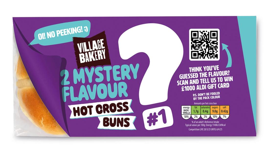 Package of Aldi Village Bakery mystery flavor hot cross buns with a contest to win a £1000 Aldi gift card.