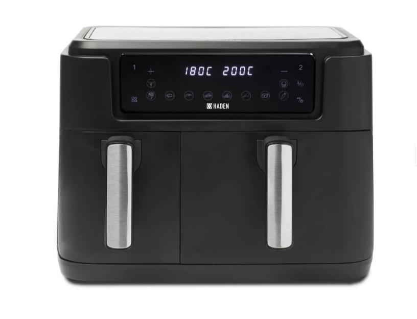 Black dual-basket air fryer with digital controls.