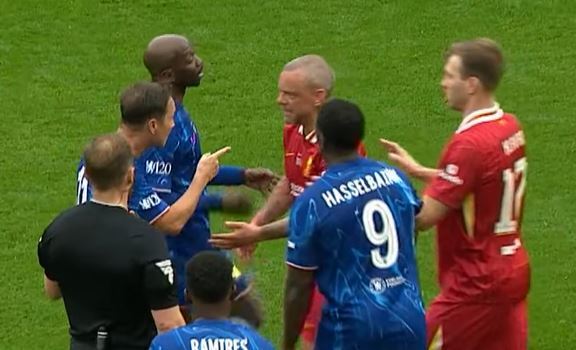 Dennis Wise and Jay Spearing arguing during a legends game.