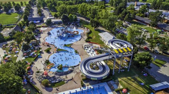 Aerial view of Terme Catez Holiday Park with pools and water slides.