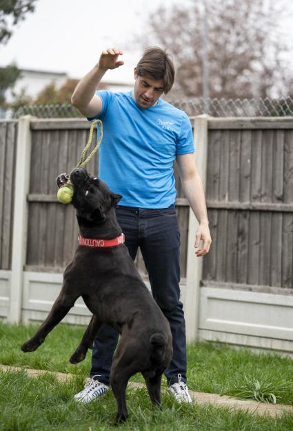 Man playing with his black dog in the garden.