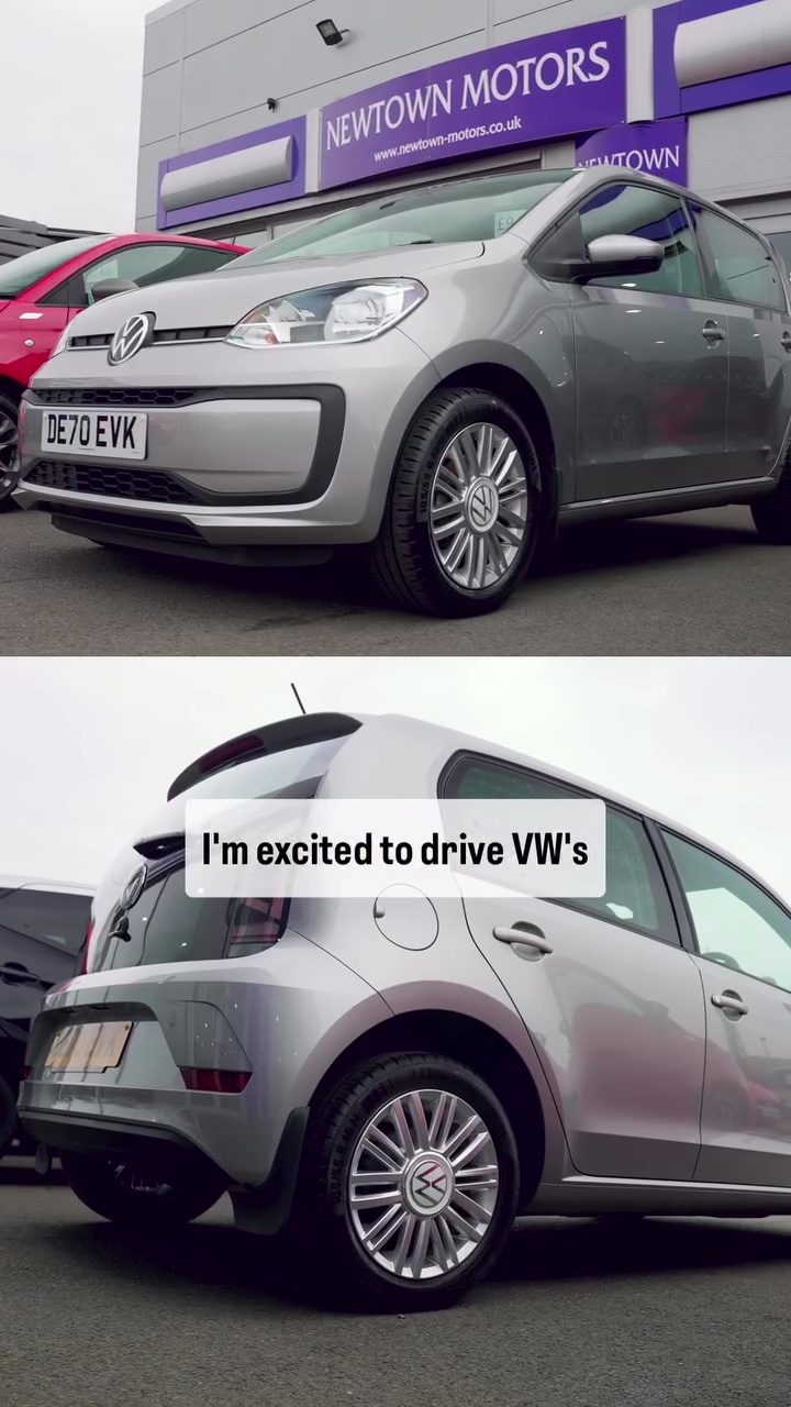 Two photos of a silver Volkswagen Up at a car dealership.