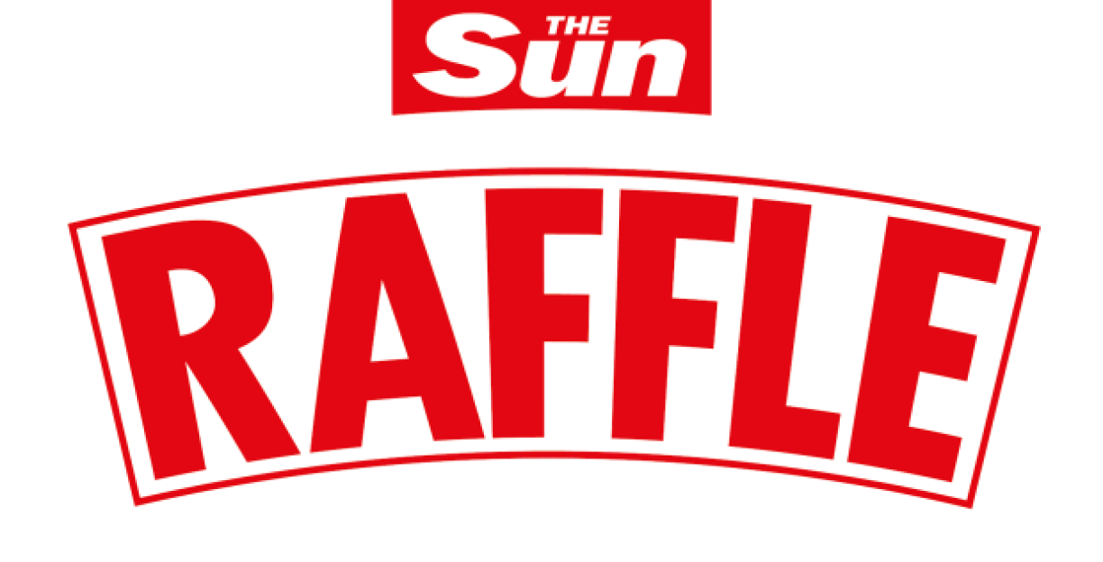 a red and white logo for the sun raffle