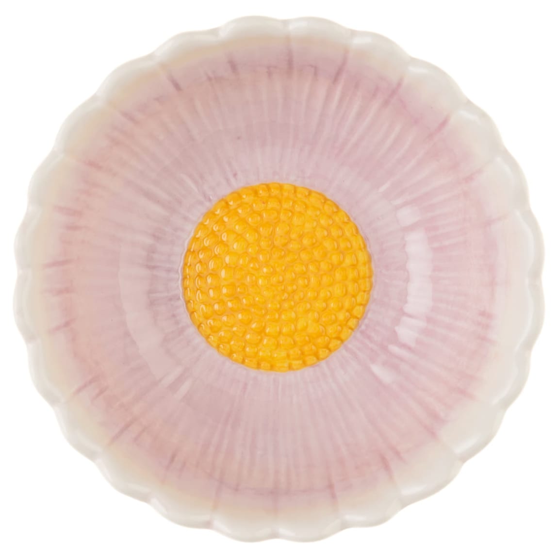 Pink daisy-shaped serving bowl with yellow center.