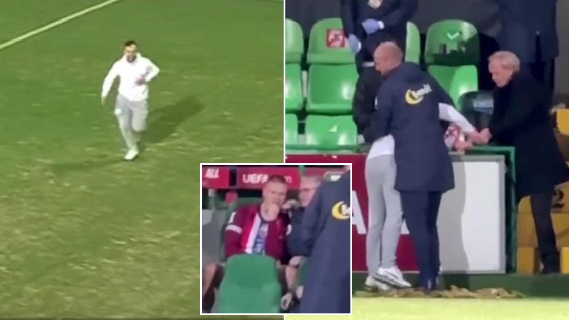 Worrying moment man sprints across pitch towards Erling Haaland before Premier League cult hero acts as human shield