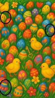 Illustration of Easter eggs, chicks, and hidden bunnies.