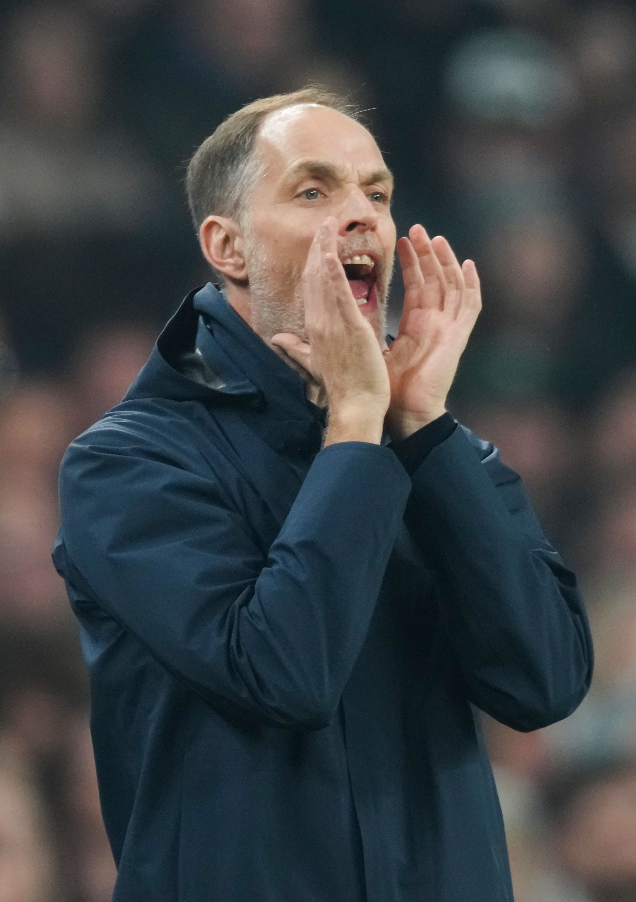 Thomas Tuchel, England's manager, shouting during a soccer match.