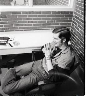 Black and white photo of John Louis Evans III, an Alabama death row inmate, during a prison interview.