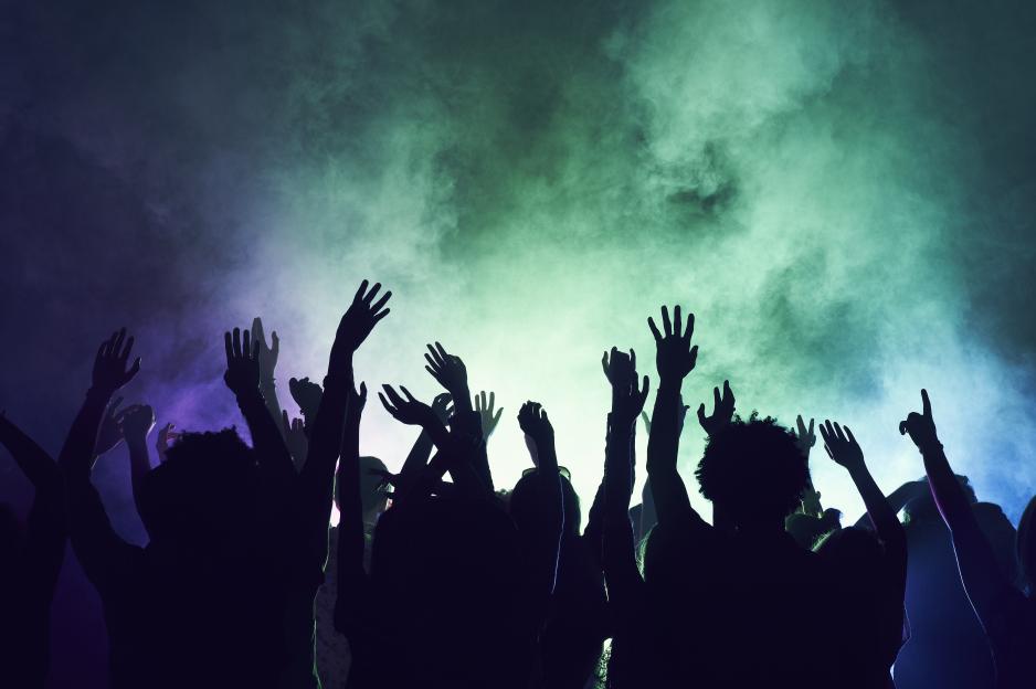 Silhouetted crowd at a concert with hands raised.