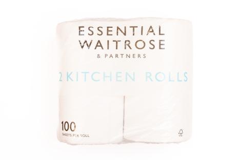 Two Waitrose Essential kitchen rolls, 100 sheets per roll.