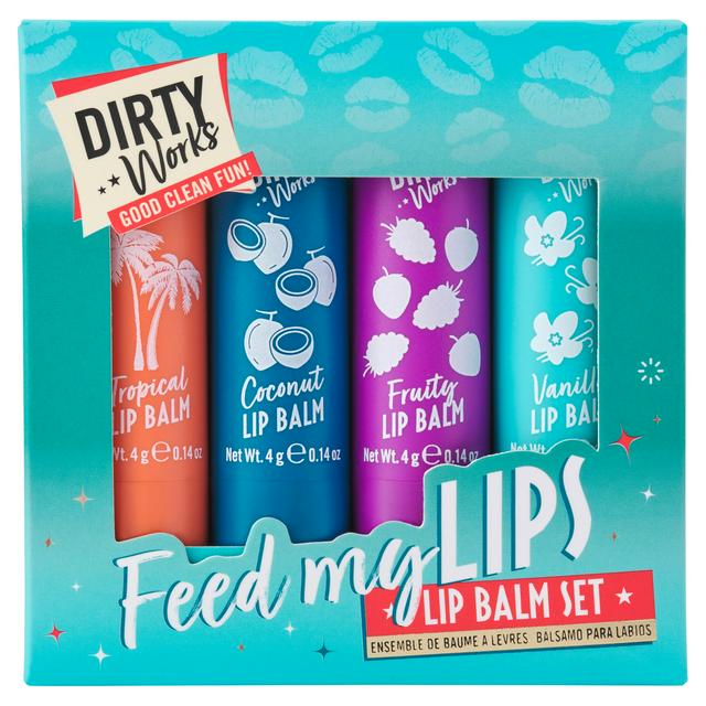 Dirty Works Feed My Lips lip balm set with four flavors: tropical, coconut, fruity, and vanilla.