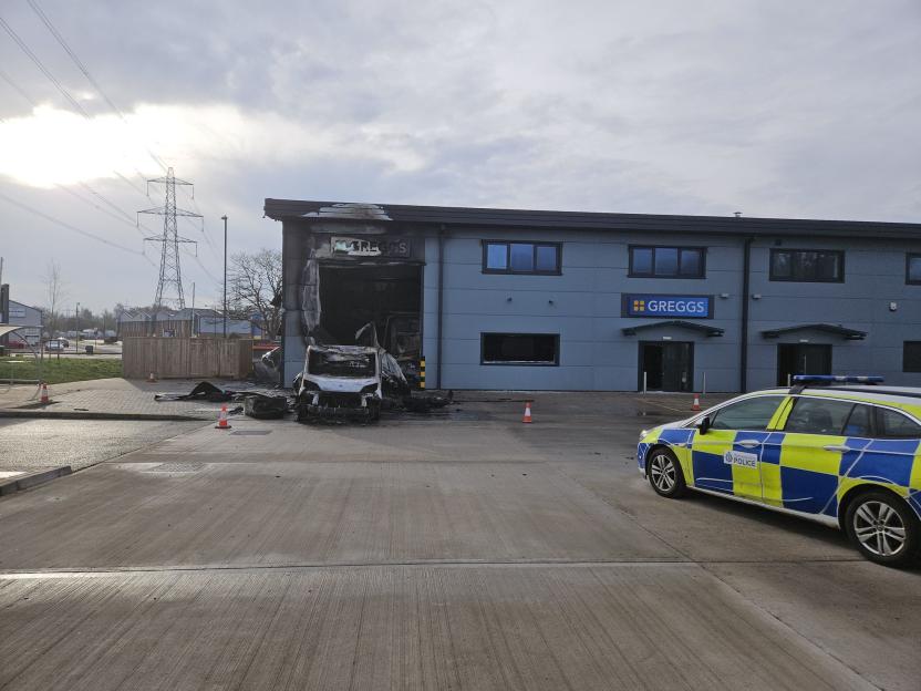 Burned-out Greggs outlet and lorry in Coventry.