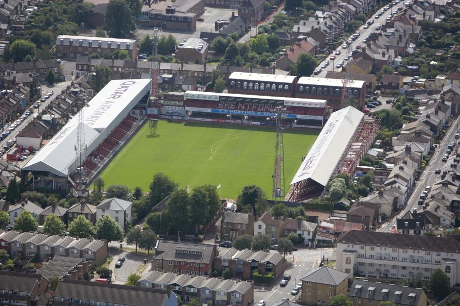 Aerial view of Griffin Park Stadium, Brentford.