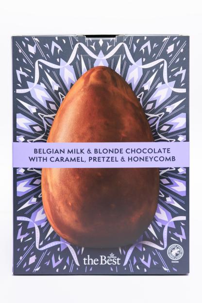 Morrisons Belgian milk and blonde chocolate Easter egg with caramel, pretzel, and honeycomb.