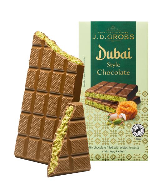 J.D. Gross Dubai Style chocolate bar with pistachio paste and crispy kadayif filling.