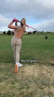 Woman golfer in athletic wear taking a swing, text overlay reads "No I'm good".