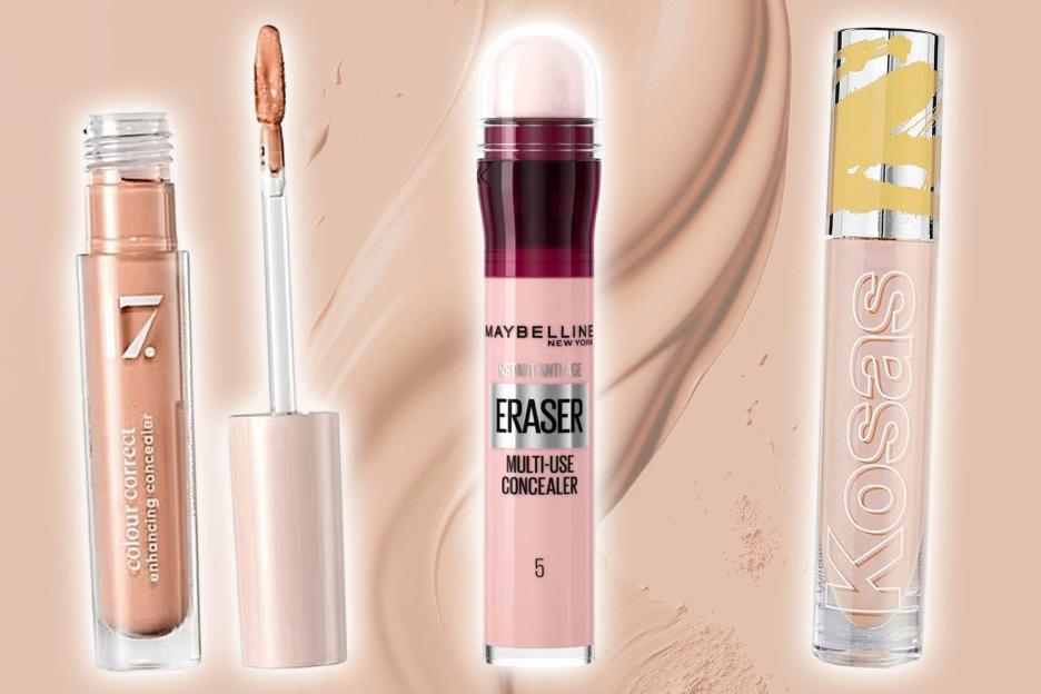 Three concealers: 7 Colour Correct Enhancing Concealer, Maybelline Instant Anti-Age Eraser Multi-Use Concealer, and Kosas Concealer.