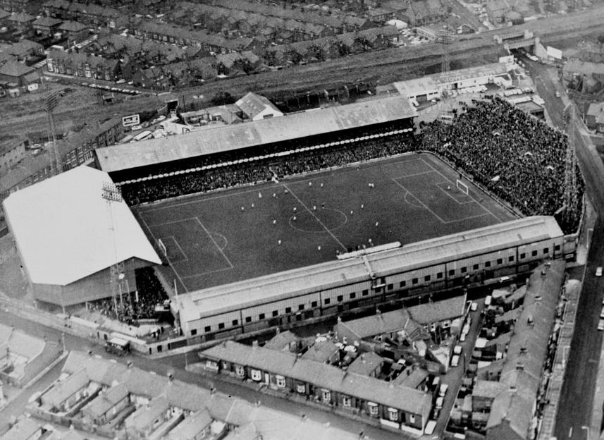 Aerial view of Roker Park stadium during a soccer match.