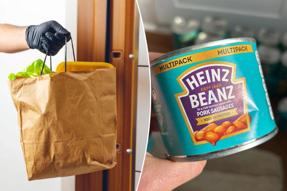 An image collage containing 2 images, Image 1 shows Grocery delivery person handing over a paper bag of groceries, Image 2 shows Heinz Beanz can in hand