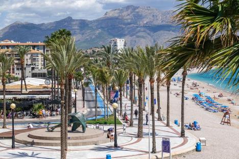 Beachfront promenade in Spain with palm trees, mountains in the background.