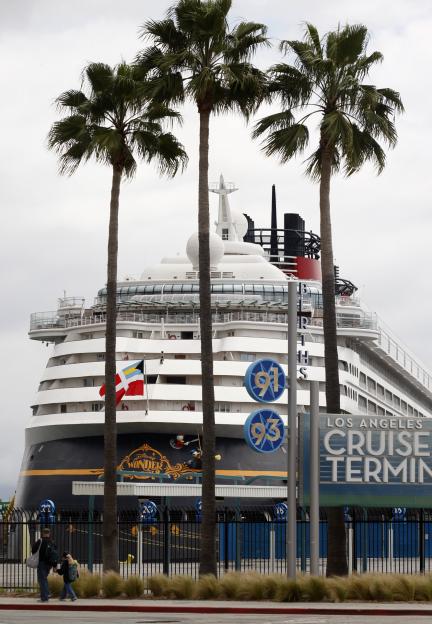 The Disney Wonder cruise ship docked at the Los Angeles Cruise Terminal.