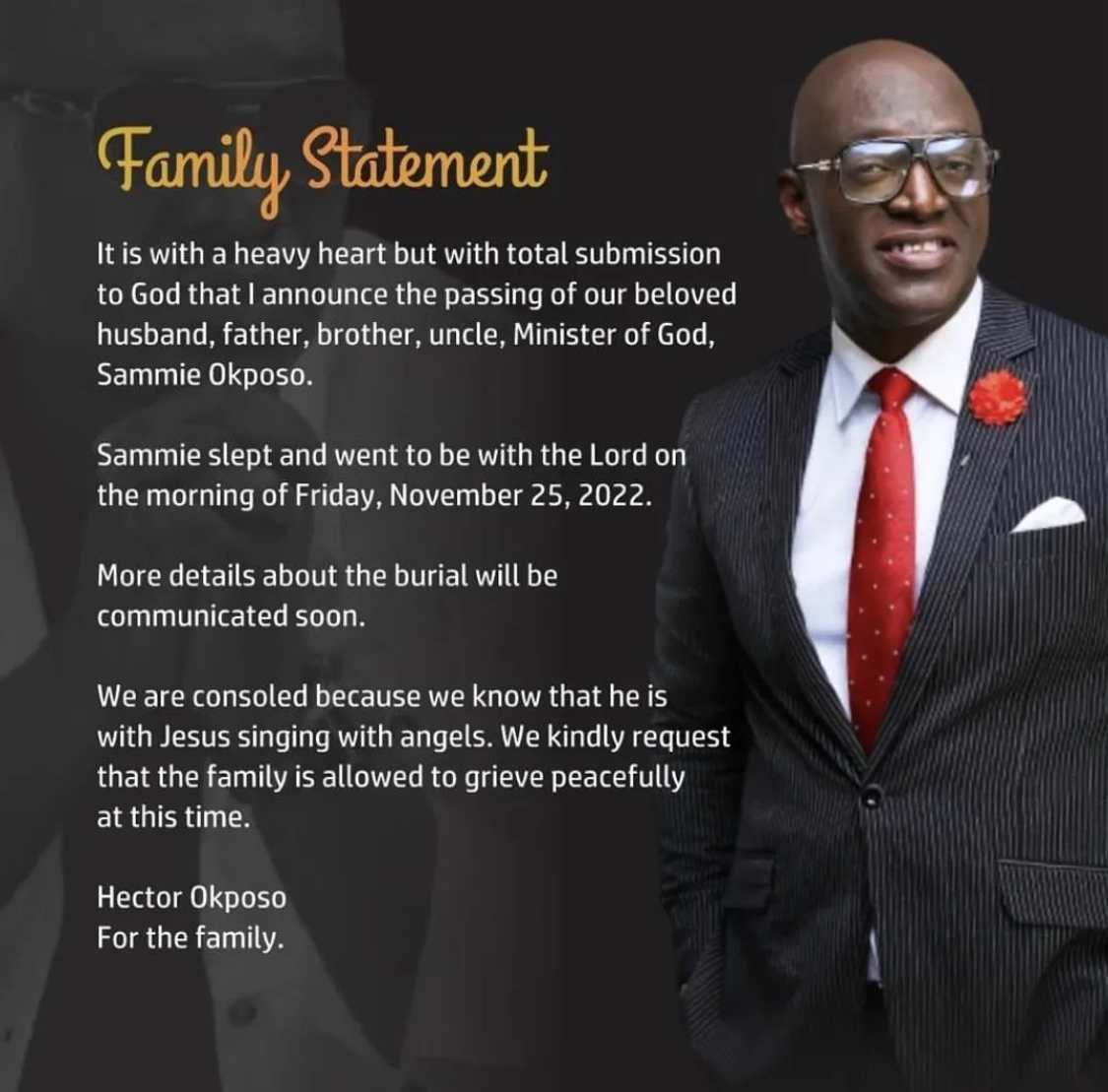 The Okposo Family Release An Official Statement On The Passing of Sammie Okposo