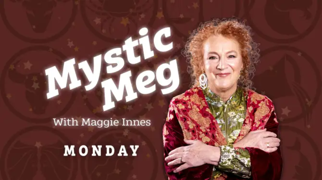 an advertisement for mystic meg with maggie innes on monday