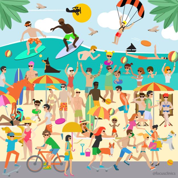 Illustration of a crowded beach scene with people swimming, sunbathing, surfing, and playing.