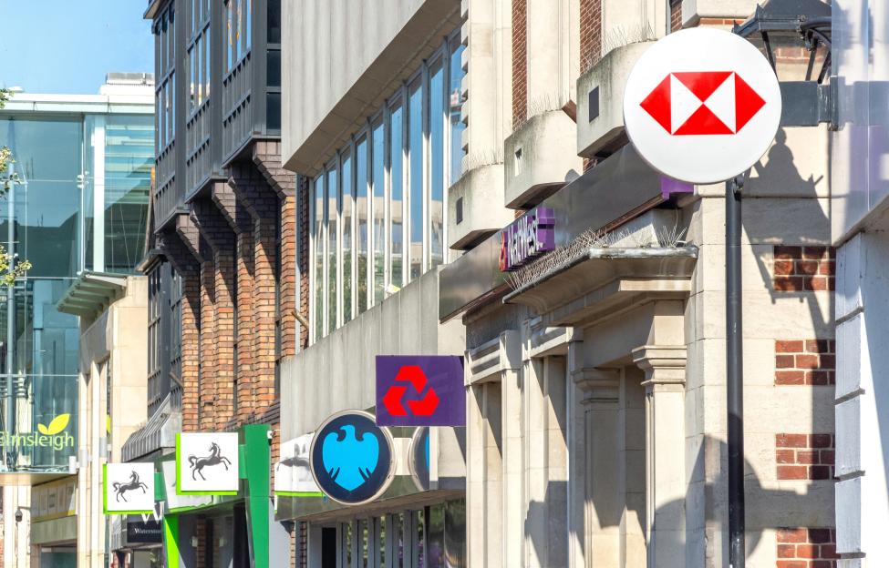 Row of high street bank branches in Staines-upon-Thames, Surrey.