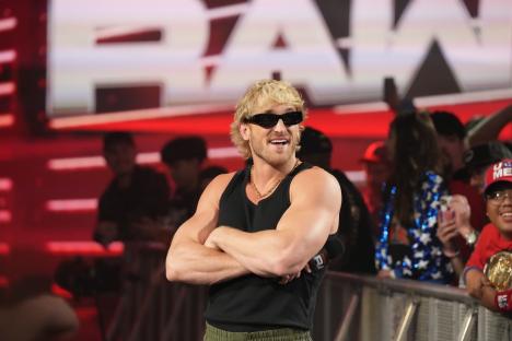 SACRAMENTO, CALIFORNIA - APRIL 14: Logan Paul makes his entrance during Monday Night RAW at Golden 1 Center on April 14, 2025 in Sacramento, California. (Photo by Craig Ambrosio/WWE via Getty Images)