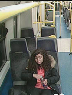 Surveillance image of a teenage girl on a train, potentially involved in assaults.