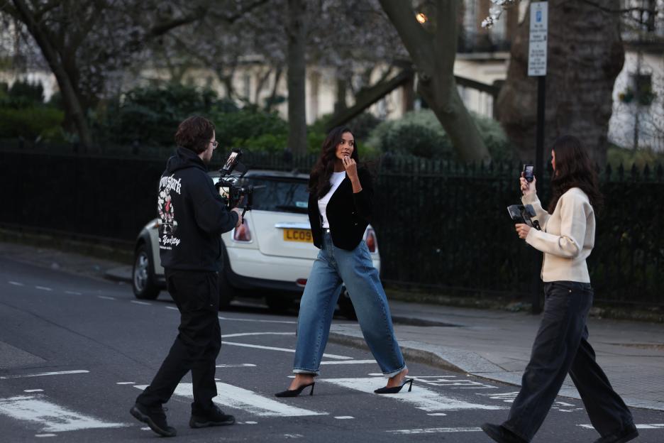 Maya Jama and her mother filming a brand shoot in London.