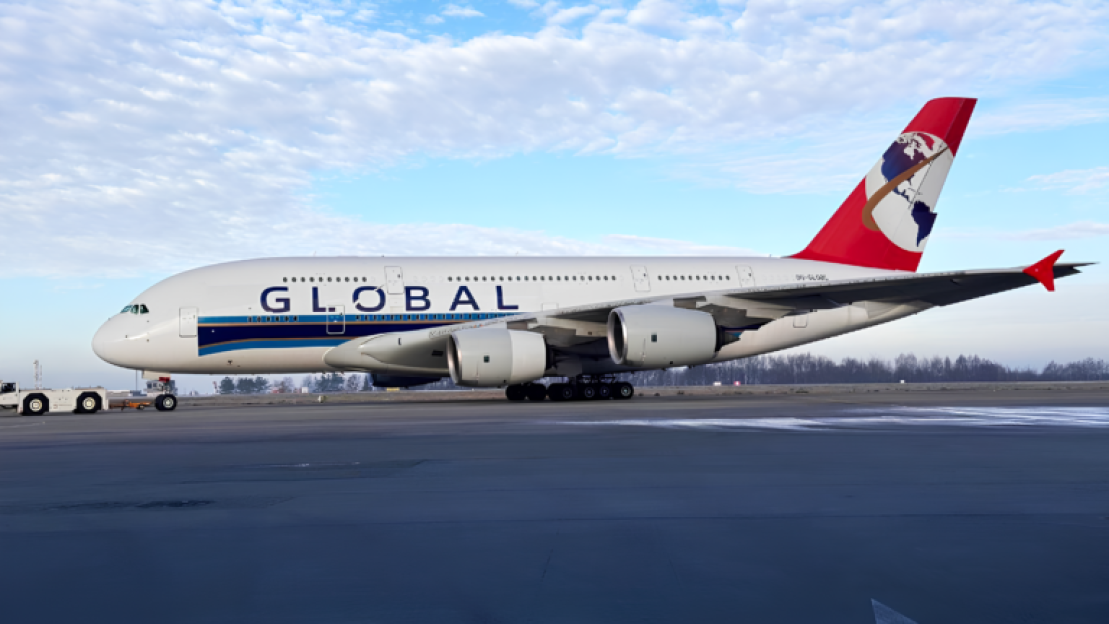 Global Airlines Airbus A380 on the tarmac.