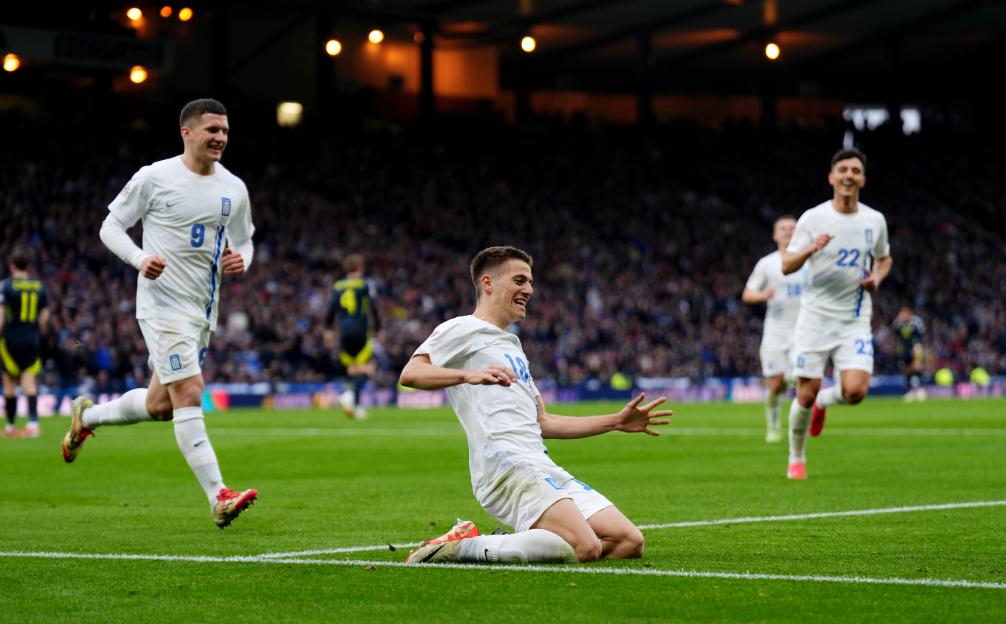 Giannis Konstantelias celebrates scoring a goal.