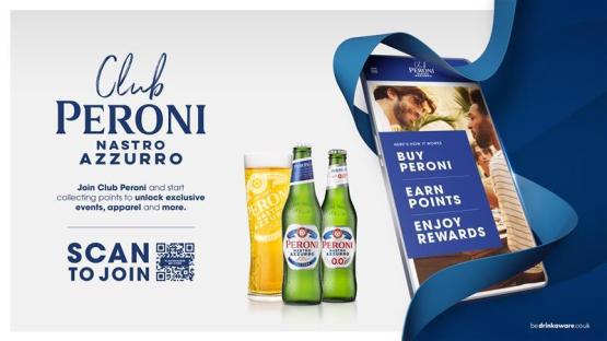 Illustration of Peroni Nastro Azzurro Club promotion: earn points and enjoy rewards by scanning a QR code.
