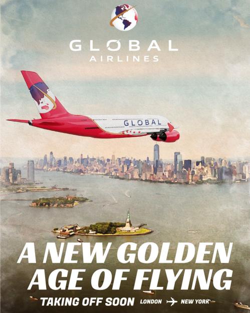 Illustration of a Global Airlines plane flying over New York City, text: "A New Golden Age of Flying," "Taking Off Soon London âœˆ New York"