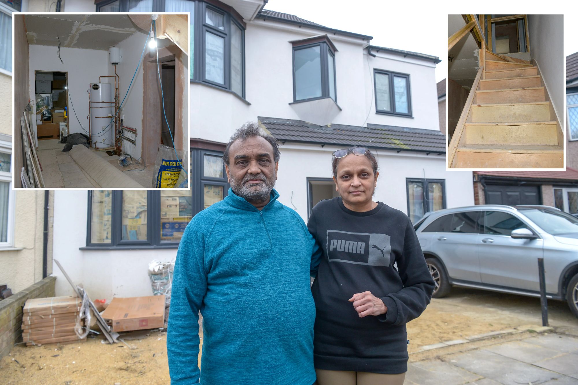 An image collage containing 3 images, Image 1 shows Couple stands outside their unfinished house, Image 2 shows Unfinished home interior with exposed pipes and wiring, Image 3 shows Unfinished wooden staircase in a house under construction